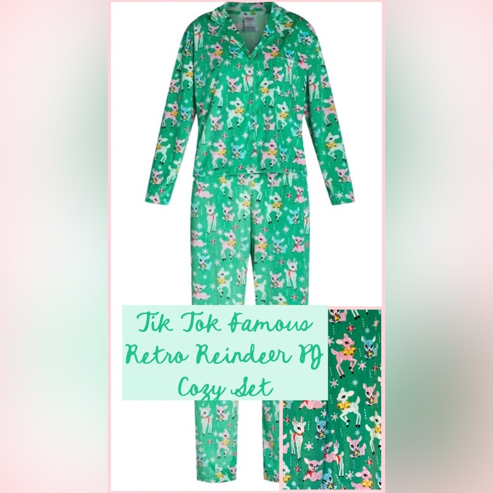 NWT Holiday Time Retro Reindeer Christmas 2-Piece Pajama Set Tik Tok